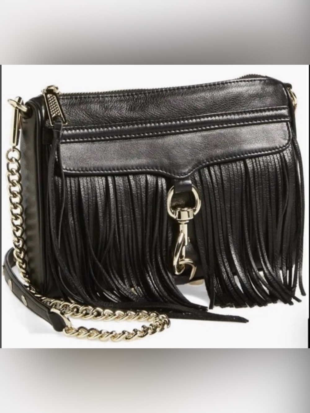 Rebecca Minkoff Black Leather Fringe Crossbody with Gold Chain